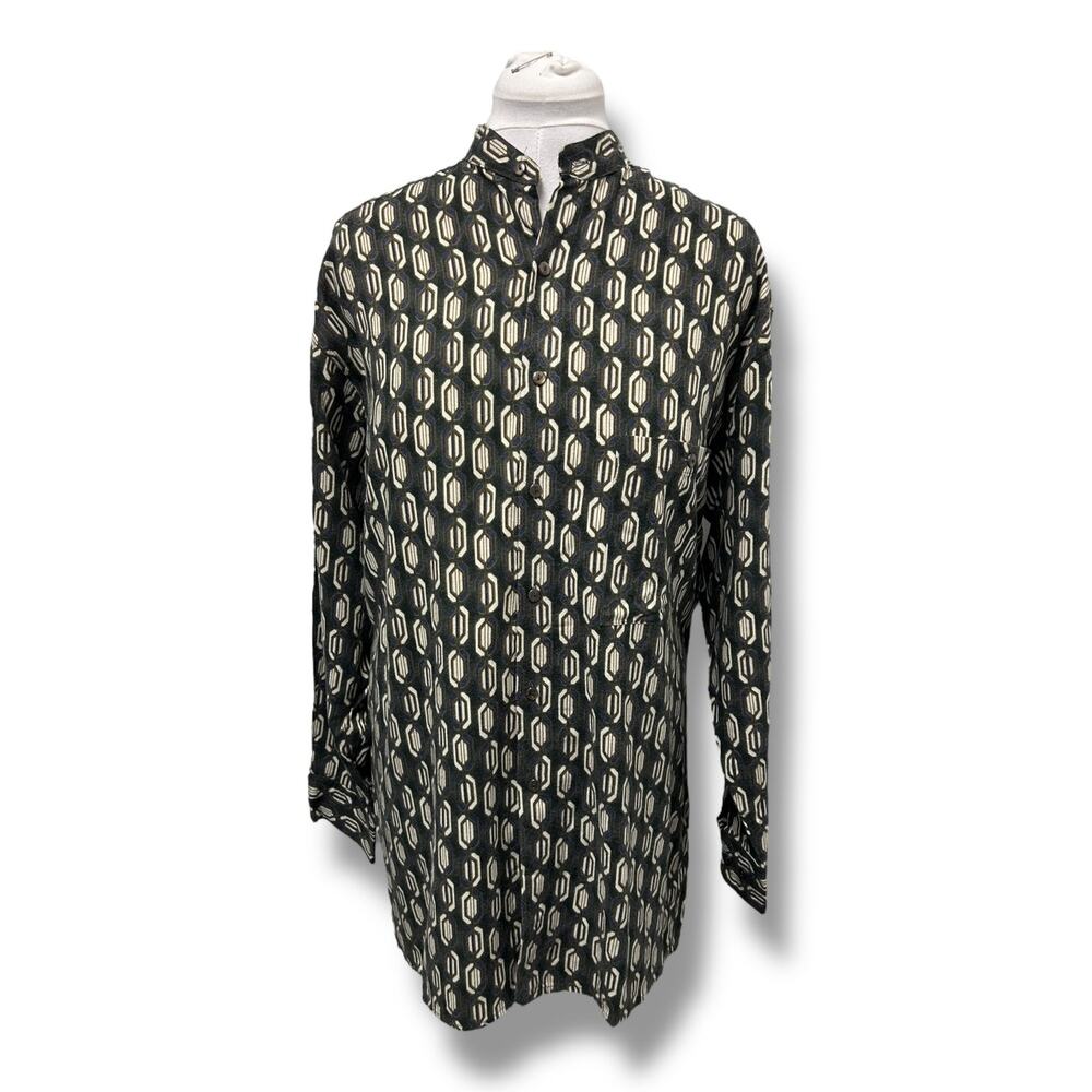 Zeidler & Zeidler Men’s Long Sleeve Dress Shirt VTG 90s Geometric Rayon Black S